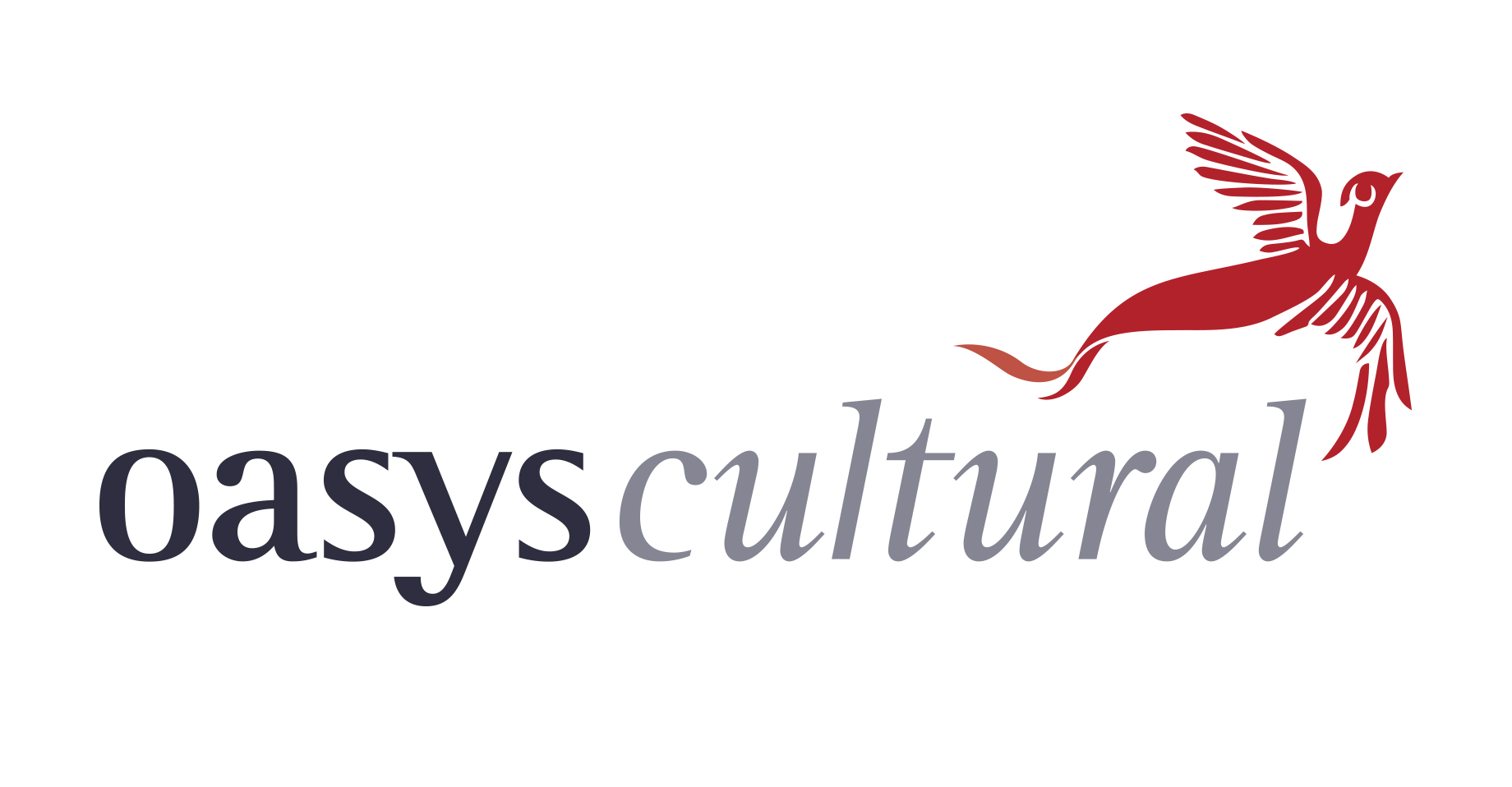 Logo da agência literária Oasys Cultural, que consiste no nome da agência, sendo oasys escrito em preto e cultural, em cinza, com o desenho de uma fênix vermelha por cima da palavra cultural.