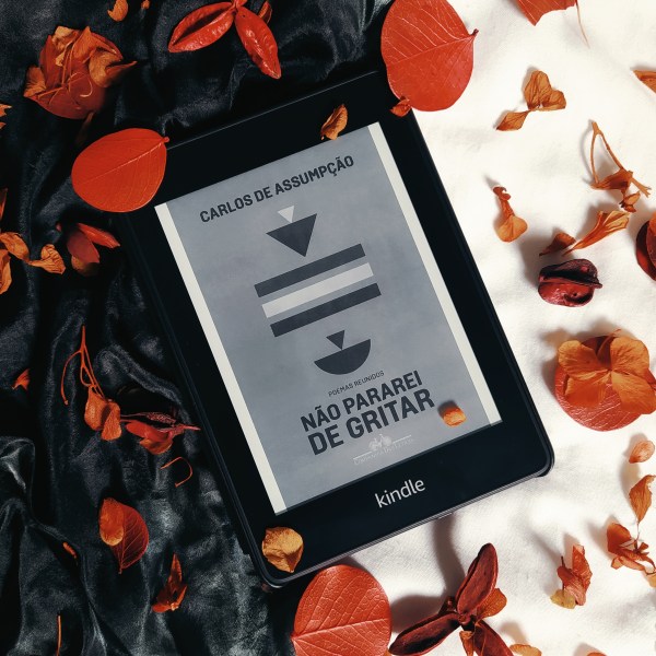 Kindle no centro da imagem com a capa do livro Não Pararei de Gritar. O fundo é composto por tecidos preto, na metade esquerda, e branco, na metade direita. Há folhas secas espalhadas pela imagem.