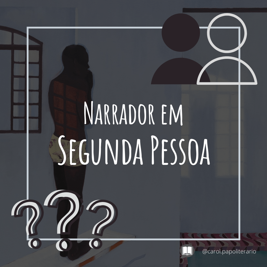 Título "Narrador em segunda pessoa" no centro do quadro, com uma moldura quadrada, dois símbolos representando ícones de usuários no canto superior direito, sendo um vazado e um cheio, e três pontos de interrogração desenhados no canto inferior esquerdo. O fundo é representado pela capa do livro O Avesso da Pele, em que é possível ver o desenho de um rapaz negro de sunga prestes a pular em uma piscina coberta.