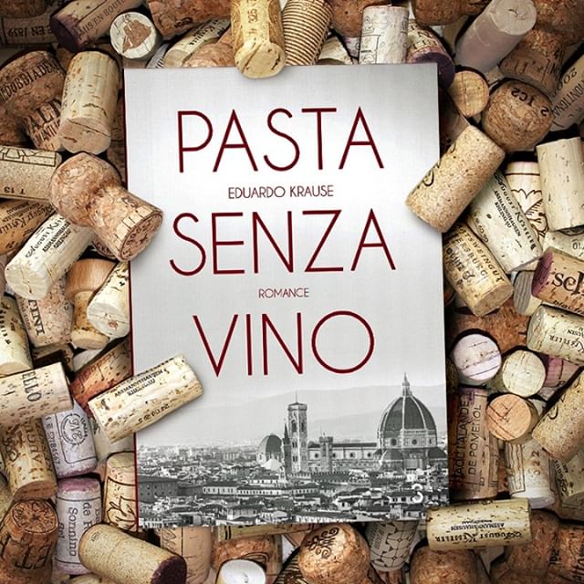 Livro Pasta Senza Vino em meio a diversas rolhas de garrafas de vinho.