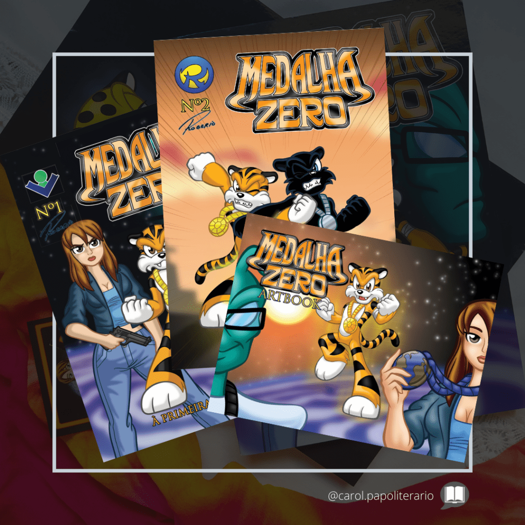 Montagem mostrando as capas das revistas de Medalha Zero, sendo, da esquerda para a direita: a número 1, a número 2 e o artbook.