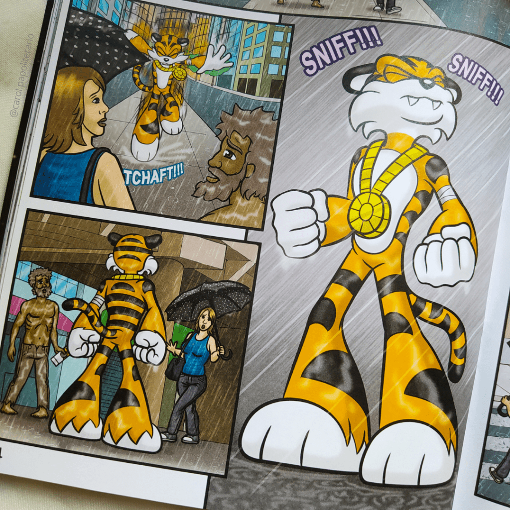 Revista Medalha Zero número 1 aberta, mostrando uma sequência de quadrinhos em que o Garra aterrisa na frente de duas pessoas que estavam passando pela rua. Ele está seguindo algum cheiro, como se fosse uma pista, e os transeuntes o observam assustados e sem ação.