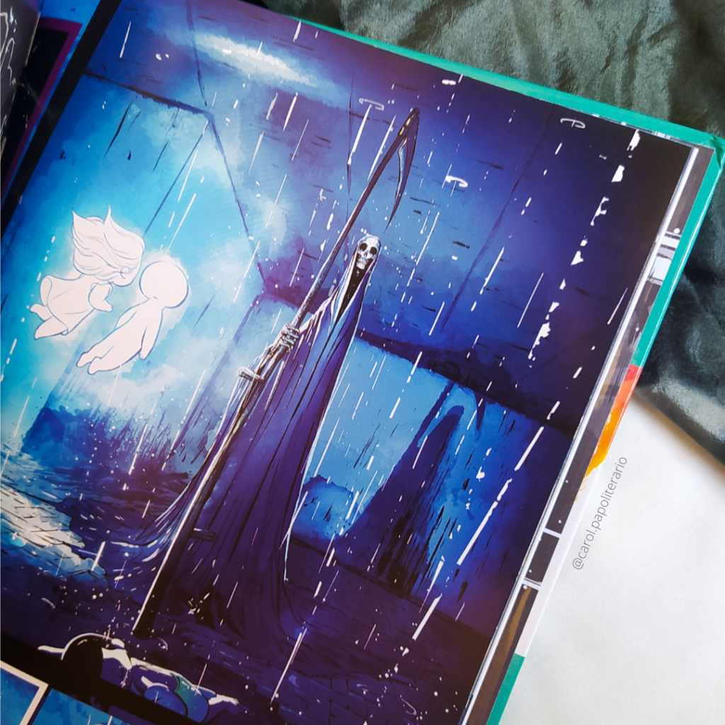 Trecho da Graphic Novel Penadinho Lar, em que Dona Morte aparece imponente dentro de um prédio, com gotas d'água caindo do teto. Alminha e Penadinho aparecem de costas, olhando para ela.