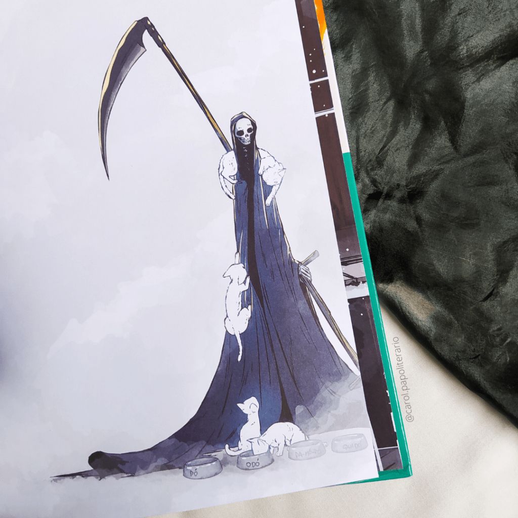 Desenho ao final da Graphic Novel Penadinho Lar, em que Dona Morte aparece com dois gatos a seus pés e dois gatos subindo em seu manto. Há quatro potes de ração no chão, onde se leem os nomes dos gatos: Dó, Odó, Da-mó-dó e Quidó.