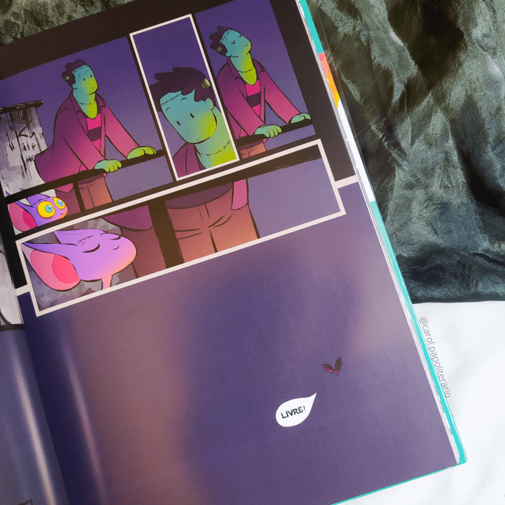 Trecho da Graphic Novel Penadinho Lar, em que Frank e a Pequena estão no topo de um prédio à noite, aproveitando a brisa noturna, e Zé Vampir se tranforma em um morcego e começa a voar, dizendo "livre!"