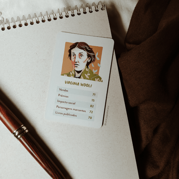 Bloco de anotações sem paura e em branco, com uma caneta por cima e uma carta de jogo estilo duper trunfo, com o desenho e o nome de Virginia Woolf.